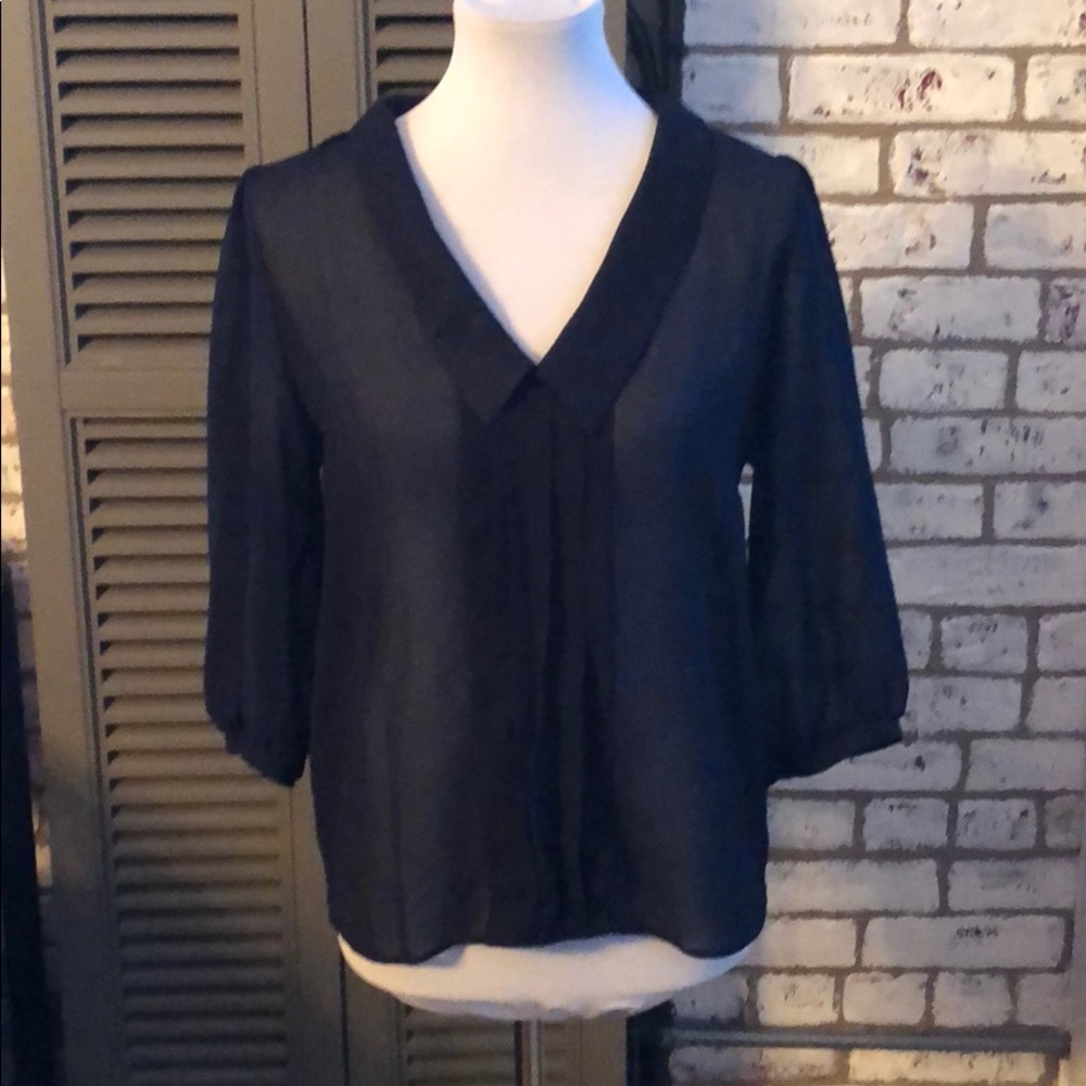 Sheer navy blouse with v-neck collar
